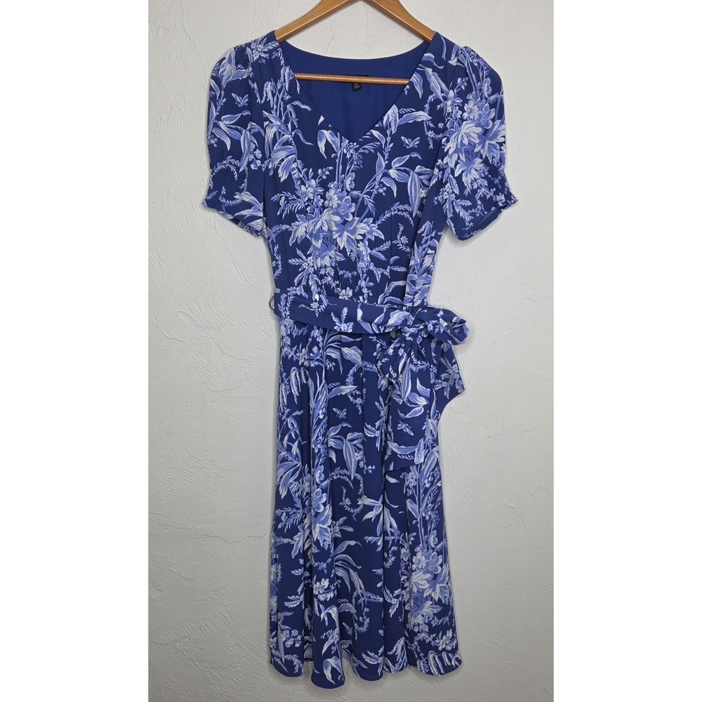Talbots Women's Blue Floral Polyester V-Neck Short Sleeve Dress Size 2P Petite